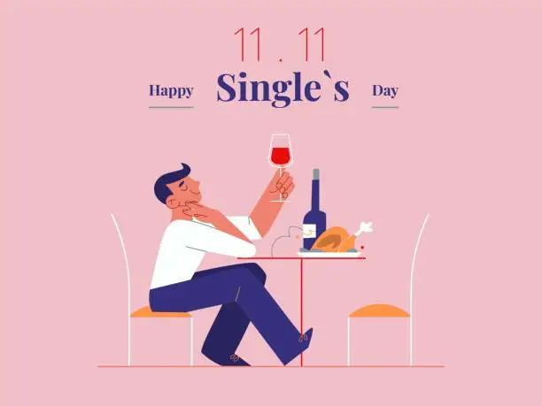 Vector illustration of Young single man is celebrating Singles day - November 11 - with wine and roast banner template. Holiday for bachelors, which opens Chinese shopping season. Social and cultural trends.