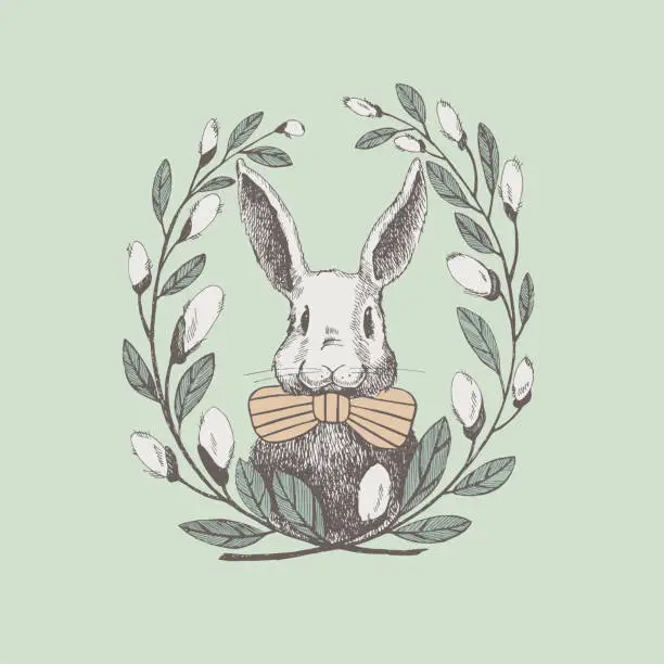 Vector illustration of Cute white rabbit in a frame of willow twigs.