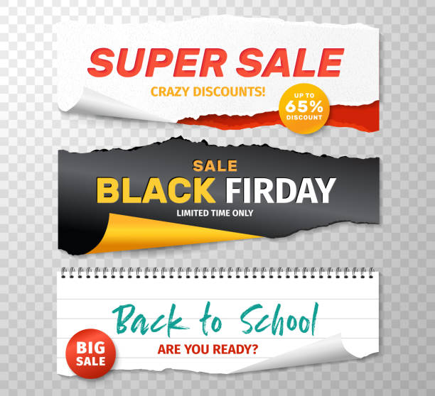 Sale Banners Realistic Torn Papers for Black Friday Discounts Posters. Back to School Offers, Super Sales. Pieces of Paper vector art illustration