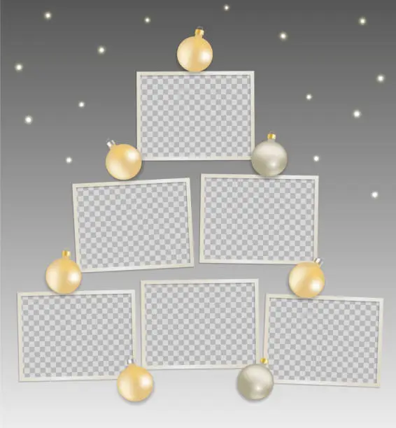 Vector illustration of Christmas tree made of photo card frames. Mockup. Rectangular photo frames with transparent background and Christmas balls. Vector 3d realistic. greeting card. blank template. Ready for your design.