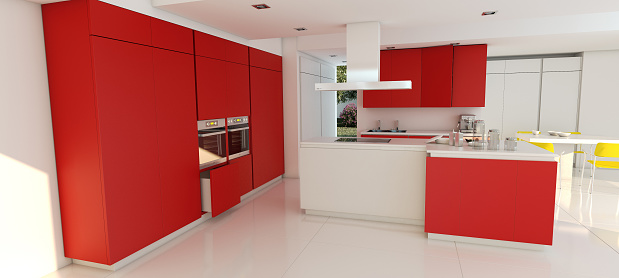 3D rendering of a red and white kitchen