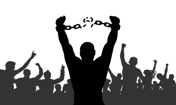 ilustrações de stock, clip art, desenhos animados e ícones de silhouette of man broking chains in handcuffs on background of cheerful crowd. concept of freedom. vector illustration - slave labor