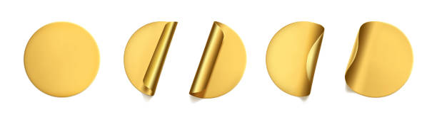 istock Gold round crumpled stickers with peeling corner mock up set. Adhesive golden foil or plastic sticker label with wrinkled effect on white background. Blank template label tags. 3d realistic vector 1285444992