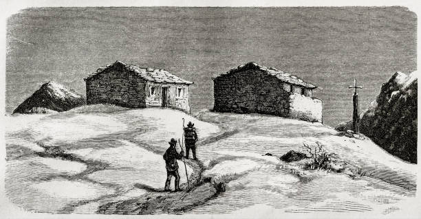 illustrazioni stock, clip art, cartoni animati e icone di tendenza di cabine di montagna del monte rosa - 1871