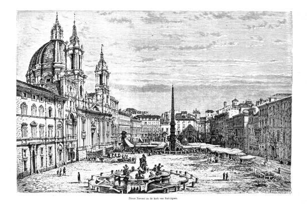 ilustrações de stock, clip art, desenhos animados e ícones de navona square in rome - 1871