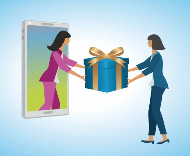 Vector illustration of Online service. Sales- och delivery woman on smart phone gives gift box. Vector illustration.