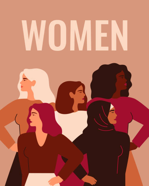 Five Strong girls of different cultures and ethnicities stand together under word WOMEN. Concept of Women's day, gender equality and of the female empowerment movement. Five Strong girls of different cultures and ethnicities stand together under word WOMEN. Concept of Women's day, gender equality and of the female empowerment movement. Vector illustration womens issues stock illustrations