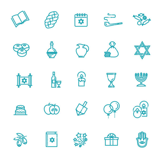 Outline icon collection - Symbols Of Hanukkah Israel Judaism Icons Collection. Line Happy Hanukkah Icons Set. chocolate gelt stock illustrations