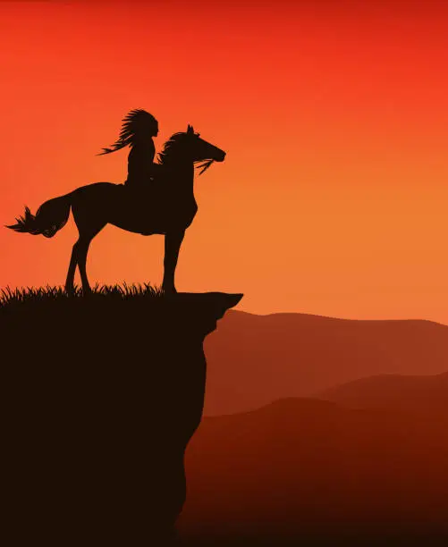 Vector illustration of vector silhouette sunset scene with native american chief and horse at cliff top