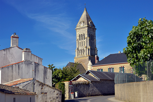 Bell tower church of Noirmoutier en l’Ile in Pays de la Loire, region in western France