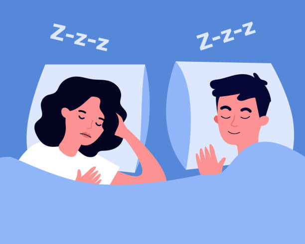 Peaceful couple sleeping in bed Peaceful couple sleeping in bed. Sleepy man and woman, pillows, blanket flat vector illustration. Resting, deep sleep, relationship concept for banner, website design or landing web page male bedroom design stock illustrations