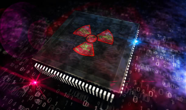 istock Processor factory with burning cyber attack with nuclear symbol 3d illustration 1285452749