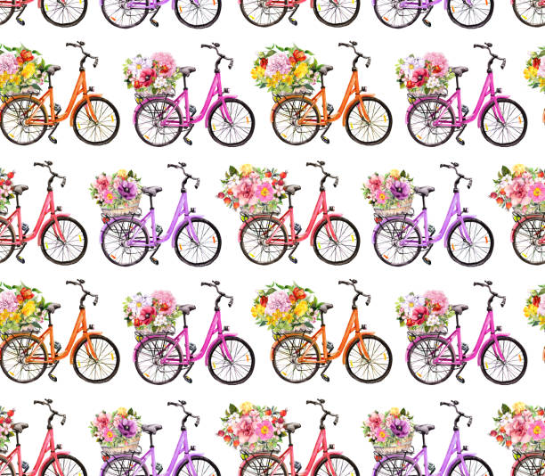 istock Bicycles and flowers in basket. Seamless pattern. Watercolor 1285454044