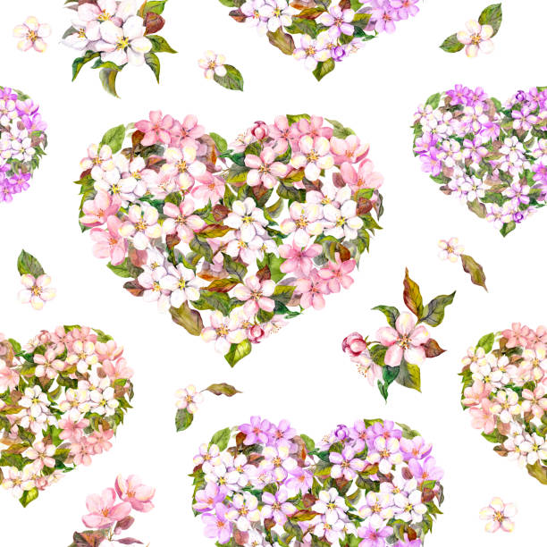 bezszwowy wzór na walentynki - kwiatowe serca z białym i różowym kwiatem. wiśni. akwarela - cherry valentine stock illustrations