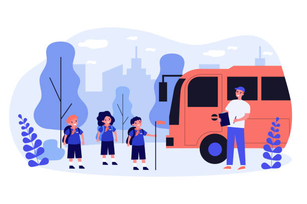 Kids gathering at bus to scouts camp Kids gathering at bus to scouts camp. School children in uniform with teacher flat vector illustration. School activity, travel concept for banner, website design or landing web page small bus stock illustrations