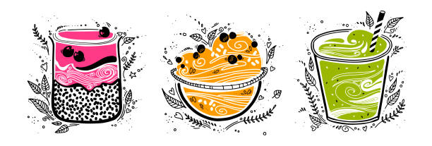 chia pudding, granola, smoothie im doodle-stil auf weißem hintergrund. niedlich stilisierte vektor-illustration mit bio-frühstück superfood. gesunde ernährung. - jar oatmeal granola glass stock-grafiken, -clipart, -cartoons und -symbole