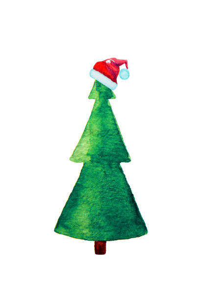 istock Watercolor fir tree with christmas hat isolated on white. 1285462511
