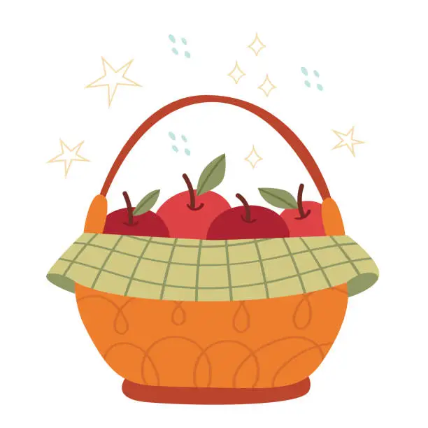 Vector illustration of Autumn basket with big apples. Harvest concept.Organic food. Illustration for children's book.Simple illustration. Cute Poster.