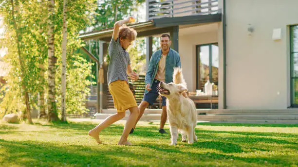 Photo of Handsome Father, and Son Play Catch With Loyal Family Friend Golden Retriever Dog. Family Spending Time Together Training Dog. Sunny Day Idyllic Suburban Home Backyard.