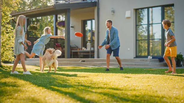 Smiling Beautiful Family of Four Play Fetch flying disc with Happy Golden Retriever Dog on the Backyard Lawn. Idyllic Family Has Fun with Loyal Pedigree Dog Outdoors in Summer House Backyard