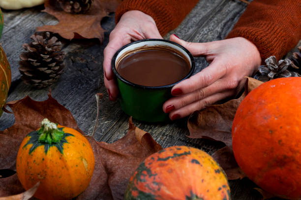 istock Hot chocolate in rustic Mug held in womans hands against autumn background of pumpkin, fall colorful leaves, fall composition, Thanksgiving, concept 1285465325