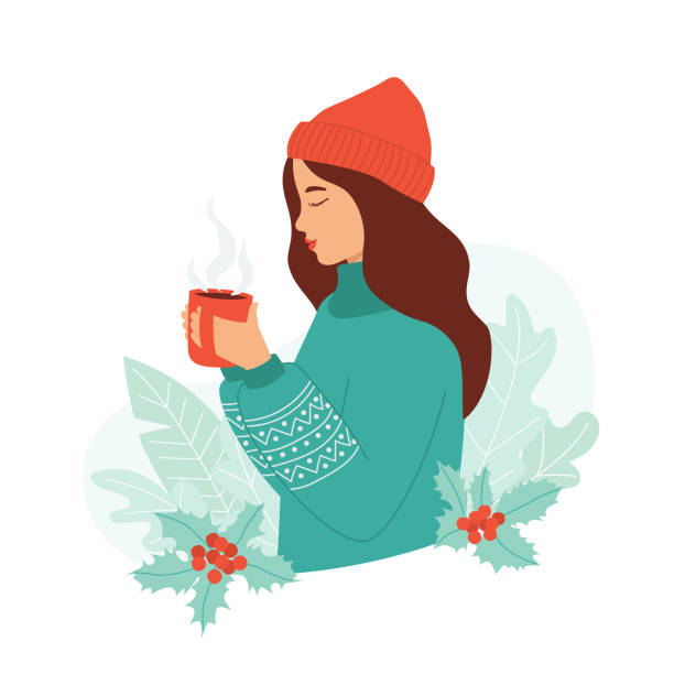 따뜻한 스웨터와 모자를 쓴 젊은 여성이 손에 뜨거운 음료 한 잔을 들고 있다. 아늑한 겨울 컨셉, 귀여운 인사말 카드, 초대장, 스티커. 벡터 일러스트레이션 - tea hot drink cup dishware stock illustrations