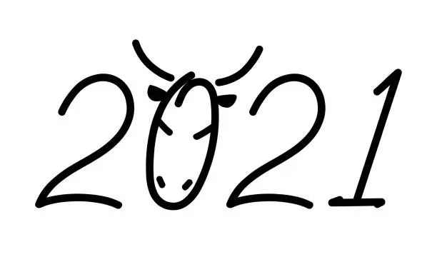 Vector illustration of Funny Handwritten number lettering of 2021 with ox head.