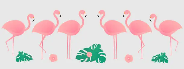 Vector illustration of Composition of birds, leaves and flowers. Pink flamingo in a different pose. Vector.