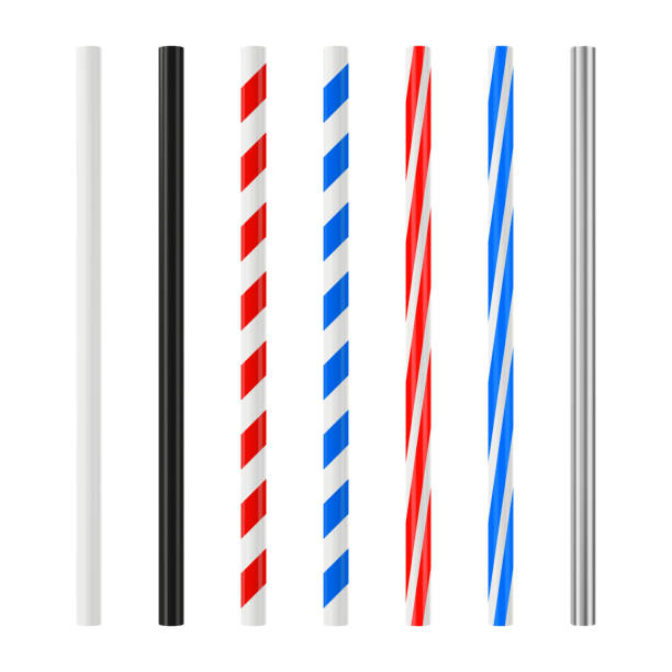 ilustraciones, imágenes clip art, dibujos animados e iconos de stock de juego realista de paja para beber. tubo de cóctel de plástico con rayas de colores. maqueta vectorial. - straw