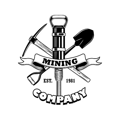 Coal miners tools vector illustration. Crossed twibill, shovel, jackhammer pick, text on ribbon. Coal mining company concept for emblems and badges templates