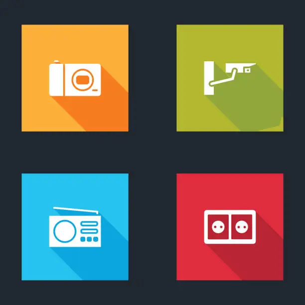 Vector illustration of Set Photo camera, Security, Radio and Electrical outlet icon. Vector