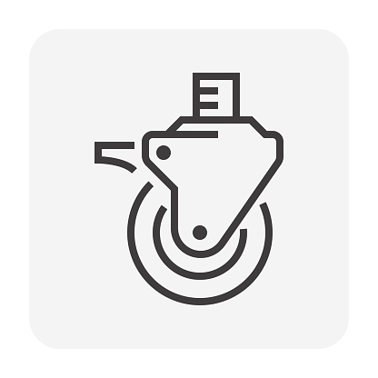Scaffold caster wheel vector icon. Item is a construction equipment and component of scaffold. Consist of rubber wheel, brake and adjustable screw. For rolling to move scaffold. 64x64 pixel line icon.