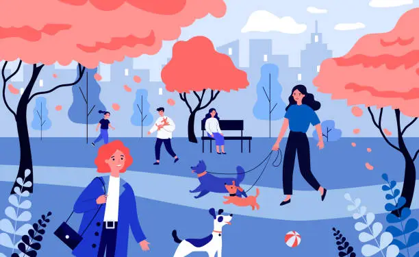 Vector illustration of Positive people walking dogs