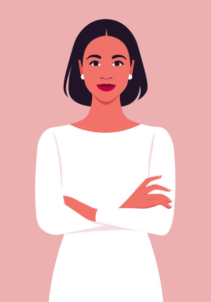 Portrait of a Hispanic woman with crossed arms. Portrait of a Hispanic woman with crossed arms. Office professions. Vector flat illustration one woman only illustrations stock illustrations