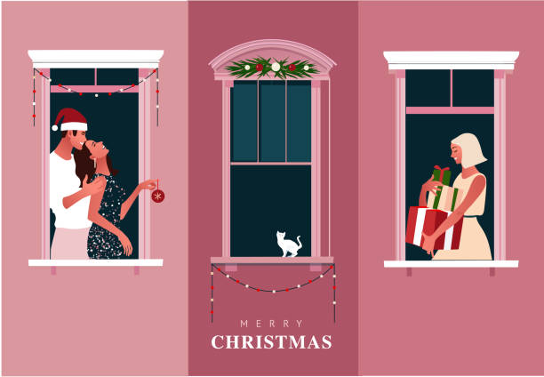 illustrazioni stock, clip art, cartoni animati e icone di tendenza di cornici delle finestre con i vicini che fanno cose quotidiane - christmas home