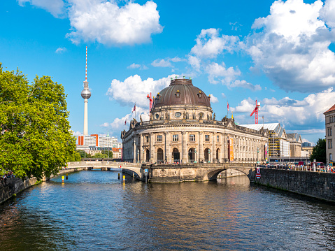 Berlin, Germany, view of the museum island in Spree river and Fernsehturm TV tower on Alexanderplatz in the city center