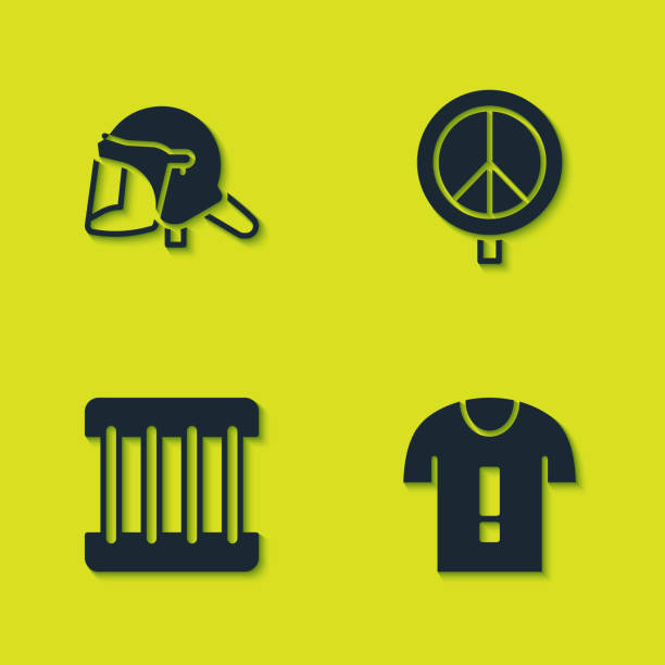 istock Set Police helmet, T-shirt protest, Prison window and Peace icon. Vector 1285477847