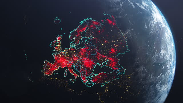 Coronavirus spreading in Europe. Earth seen from space, covered with red, pulsing dots of new cases