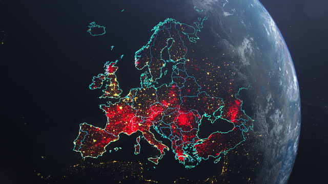 Coronavirus spreading in southern Europe. Earth seen from space, covered with red, pulsing dots of new cases