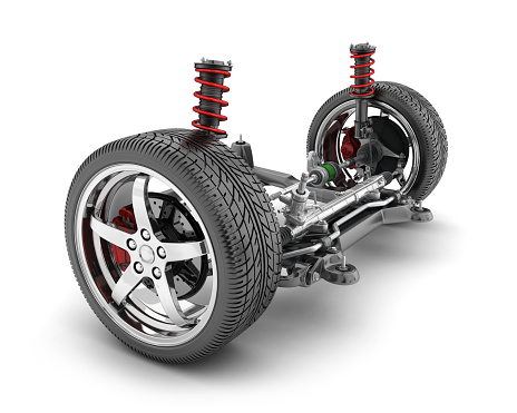 Car suspension, wheel, brake and steering parts. 3d illustration