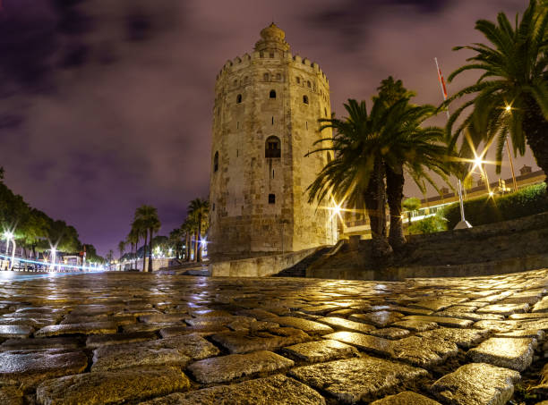 밤에 세비야의 토레 델 오로. - seville sevilla torre del oro tower 뉴스 사진 이미지