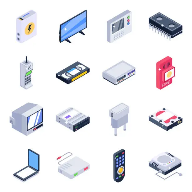 Vector illustration of Pack of Electrical Equipment Isometric Icons