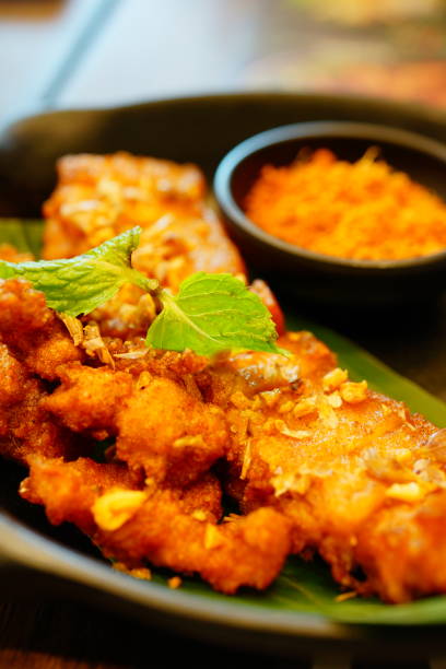Close-up fried pork belly slices with thai street food