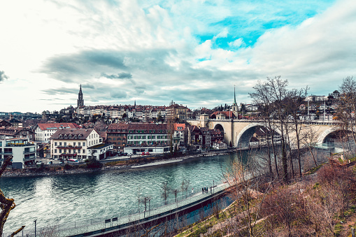 Side View Of Aare River And Nydeggbrücke Bridge In Bern, Switzerland