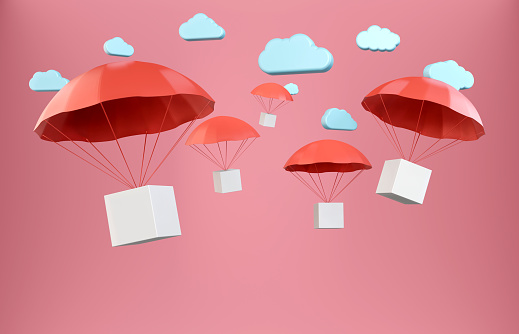Parachutes bring down the boxes. 3D abstract delivery and discount concept. Horizontal composition with copy space.