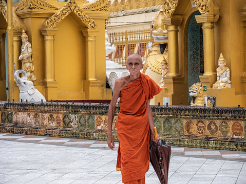 Luang Prabang, Laos-July 22, 2009. Every day very early in the morning, hundreds of monks walk the streets to beg