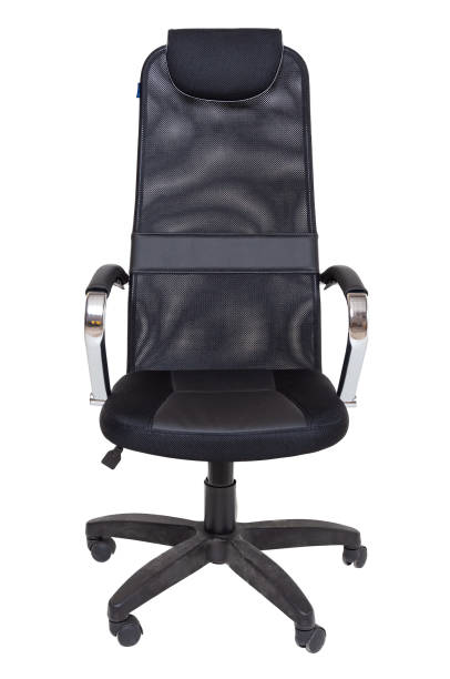 istock black office fabric armchair on wheels isolated on white background. front view 1285486228