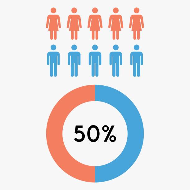 ilustrações de stock, clip art, desenhos animados e ícones de 50 percent circle diagram graphic with female and male icon,vector. - 50 percent