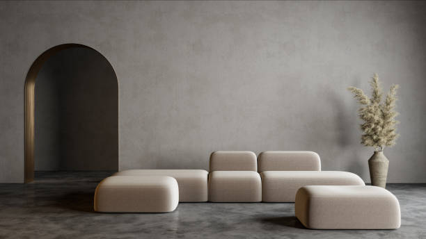 istock Modern minimalist interior with arch, concrete floor, sofa. 3d render illustration mock up. 1285488192