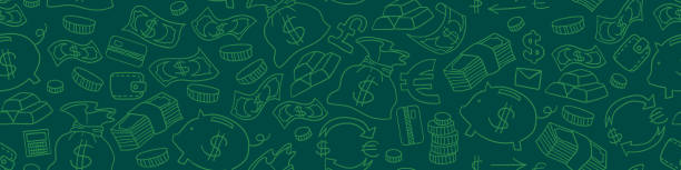 Seamless horizontal border with money doodles Seamless horizontal border with money hand drawn doodles. Financial green background. Vector illustration. banking borders stock illustrations